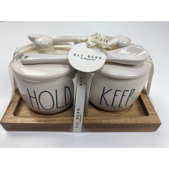 Rae Dunn Kitchen 'HOLD + KEEP" Jars with Lids, Spoons and Wood Tray NEW - Picture 3 of 5